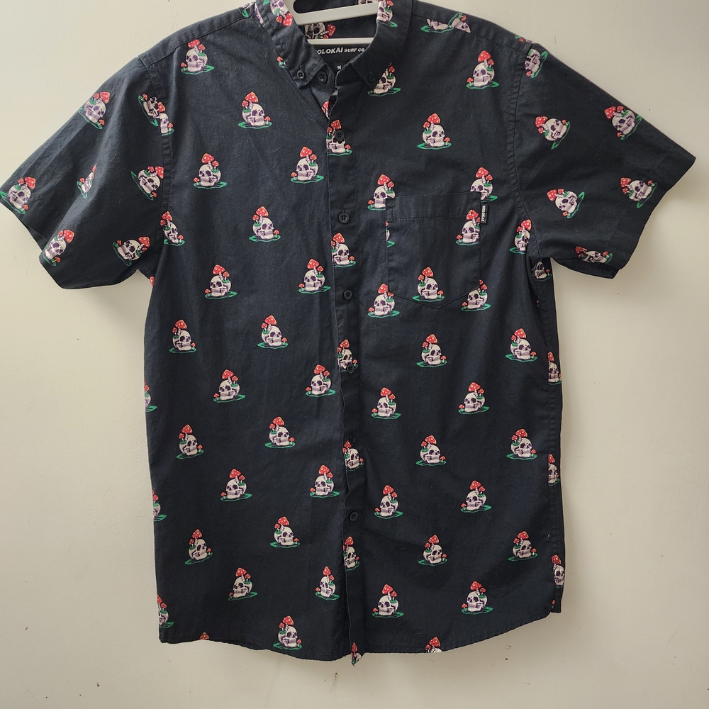 Molokai Surf Co Mens M Shirt Skull Mushrooms Festival Beach Party Hippie Goth